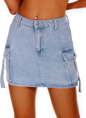 Women High Waisted Denim Mini Y2K Casual Jean Cargo Skirt with Flap Pockets