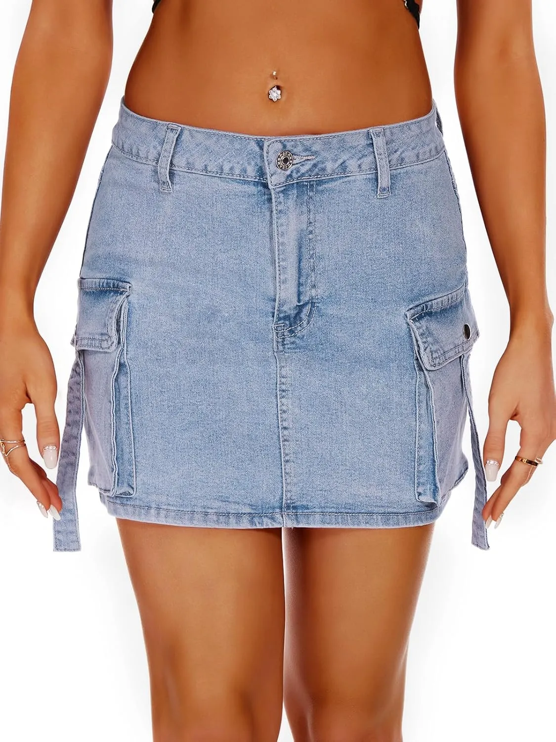 Women High Waisted Denim Mini Y2K Casual Jean Cargo Skirt with Flap Pockets