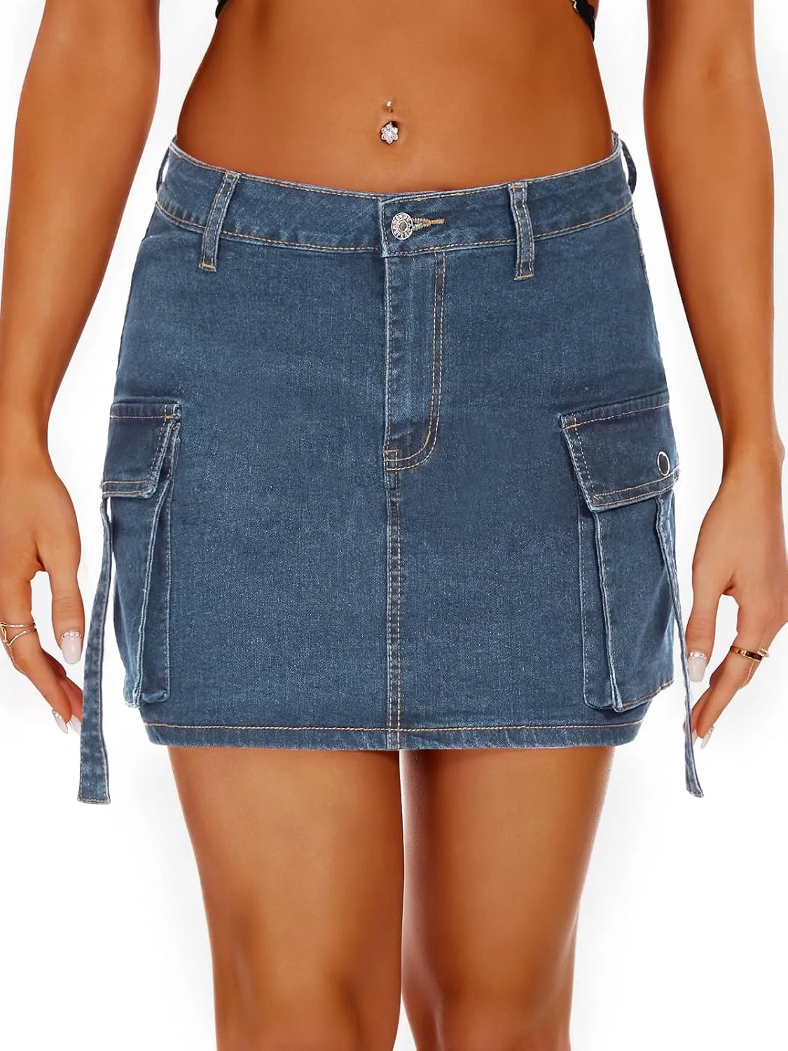 Women High Waisted Denim Mini Y2K Casual Jean Cargo Skirt with Flap Pockets