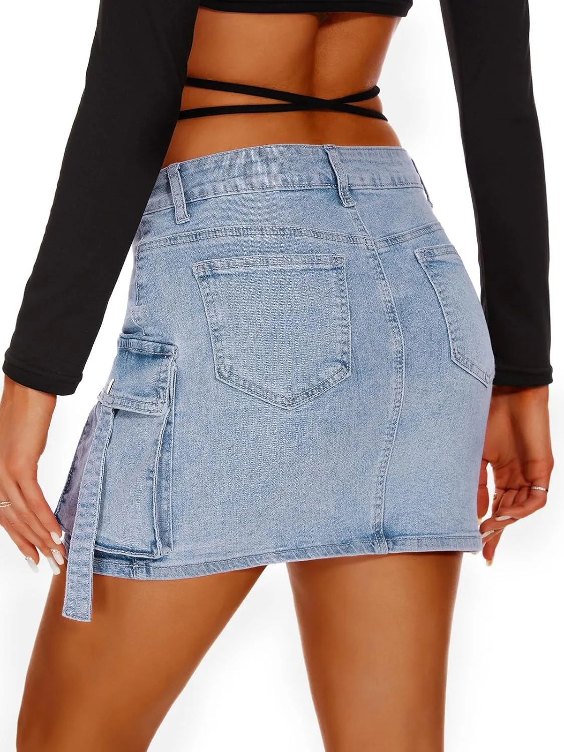 Women High Waisted Denim Mini Y2K Casual Jean Cargo Skirt with Flap Pockets
