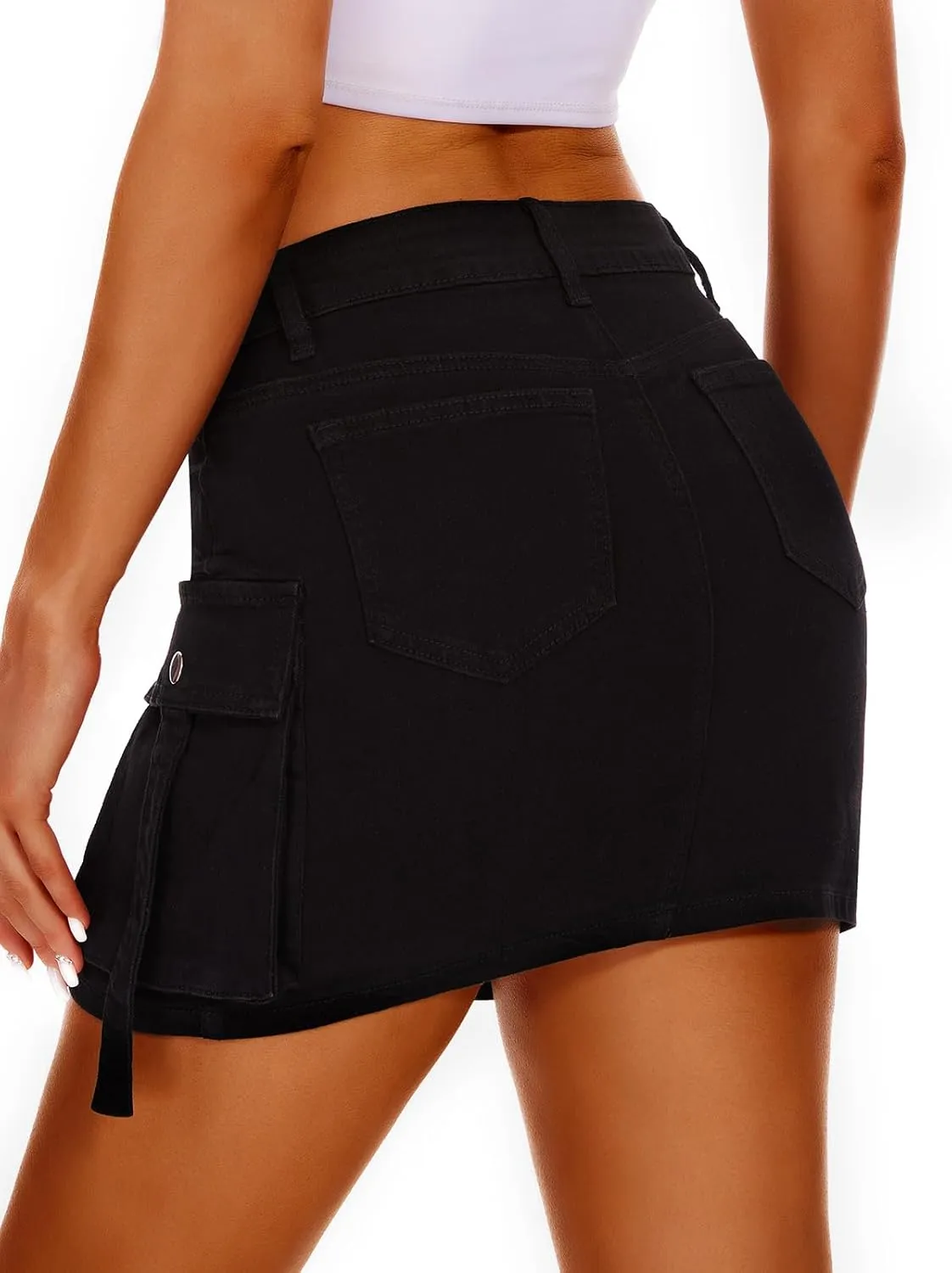 Women High Waisted Denim Mini Y2K Casual Jean Cargo Skirt with Flap Pockets