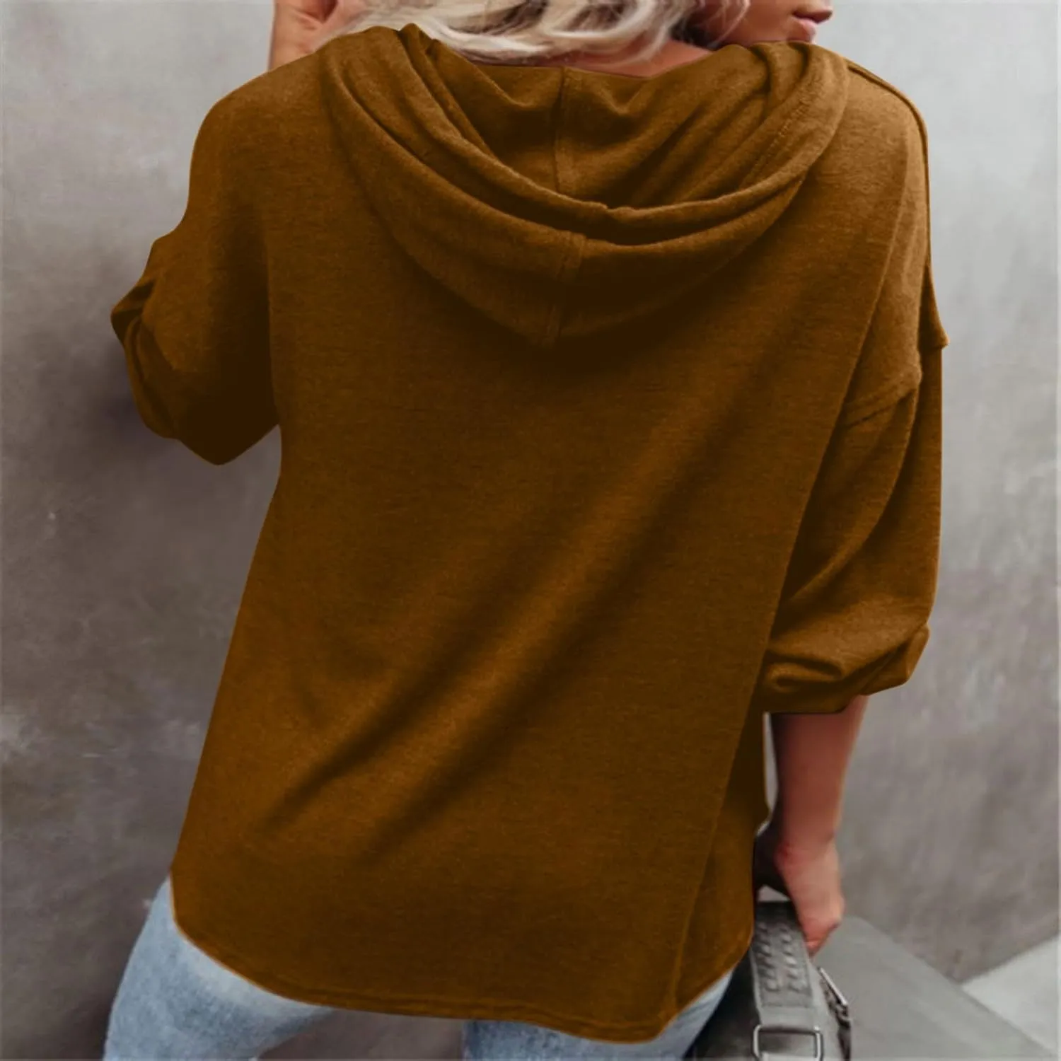 Women Hoodies Drawstring Long Sleeve Pullover Drop Shoulder V Neck Sweatshirt Casual Versatile Trendy Hooded Shirt