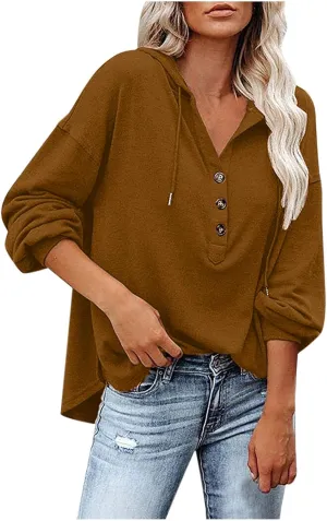 Women Hoodies Drawstring Long Sleeve Pullover Drop Shoulder V Neck Sweatshirt Casual Versatile Trendy Hooded Shirt