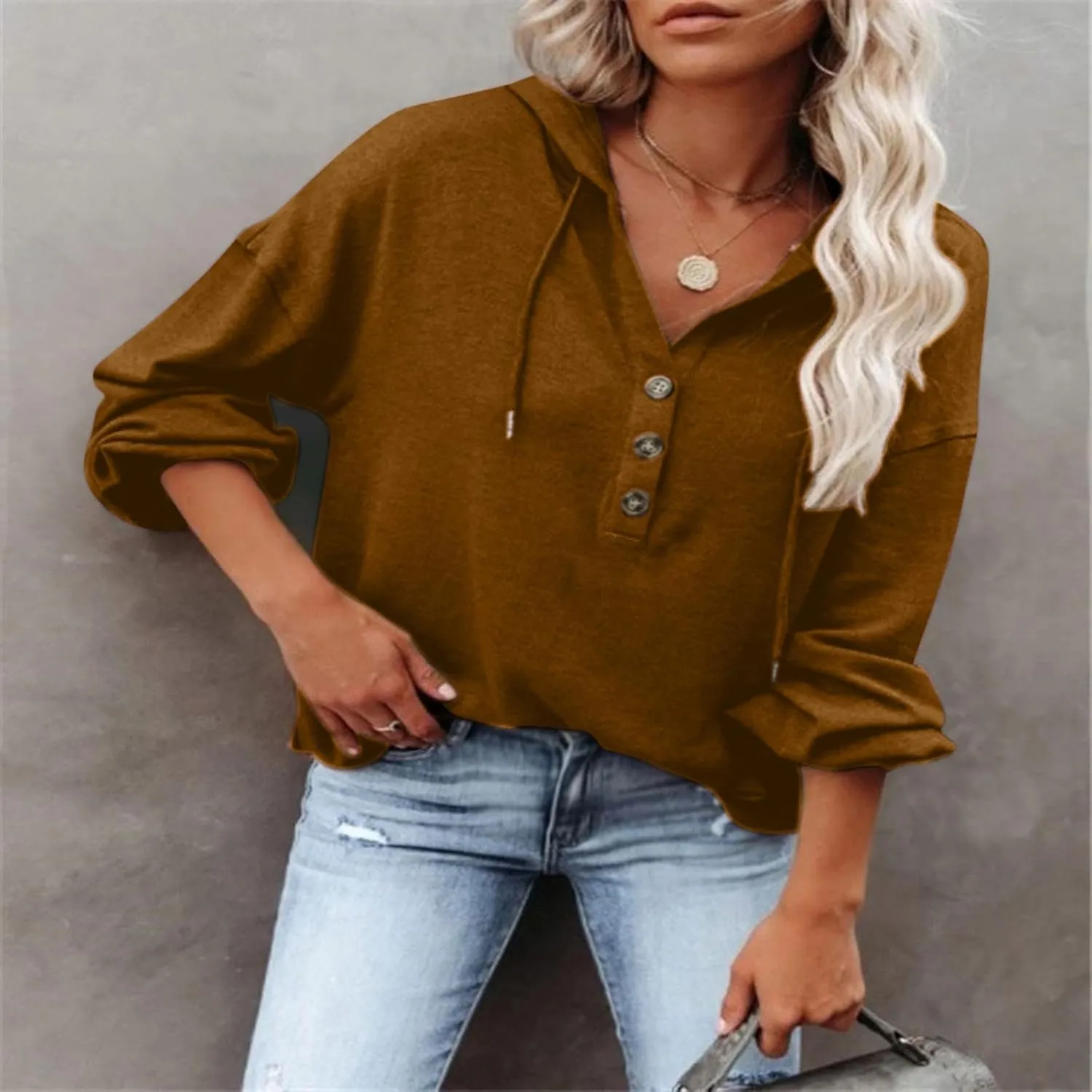 Women Hoodies Drawstring Long Sleeve Pullover Drop Shoulder V Neck Sweatshirt Casual Versatile Trendy Hooded Shirt