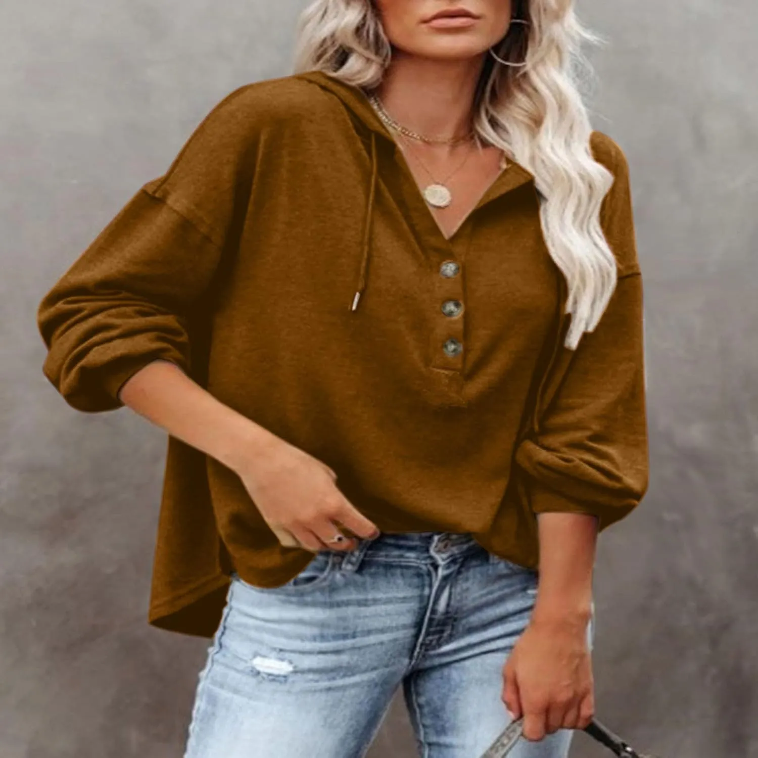 Women Hoodies Drawstring Long Sleeve Pullover Drop Shoulder V Neck Sweatshirt Casual Versatile Trendy Hooded Shirt