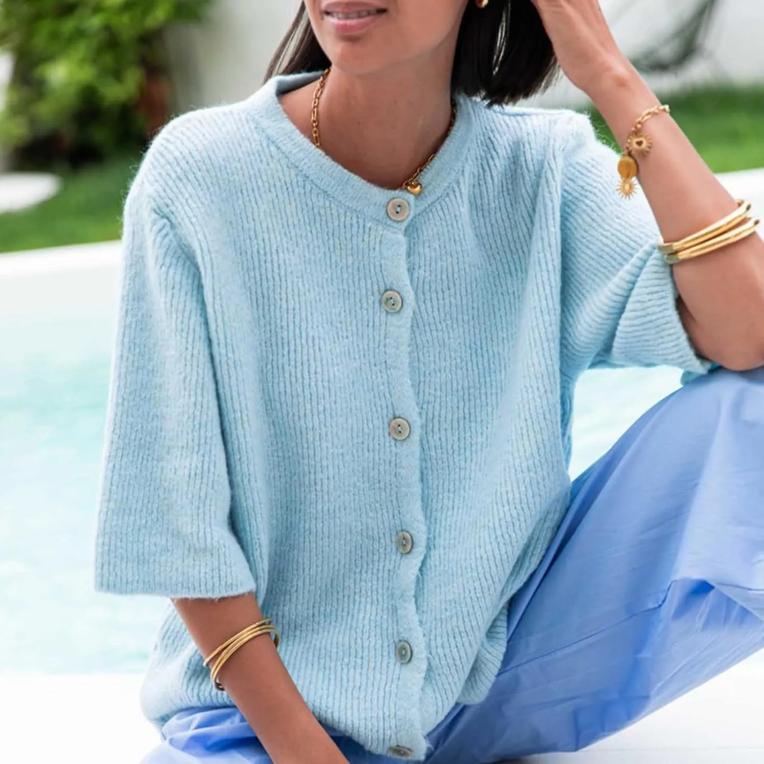 Women Knitted Crop Cardigan Shirt Short Sleeve Button Down Ribbed Knit Crop Top Y2k Girls Outwear Top Tee Shirt