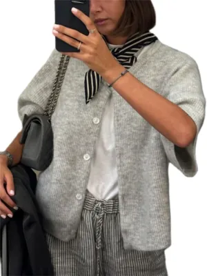 Women Knitted Crop Cardigan Shirt Short Sleeve Button Down Ribbed Knit Crop Top Y2k Girls Outwear Top Tee Shirt