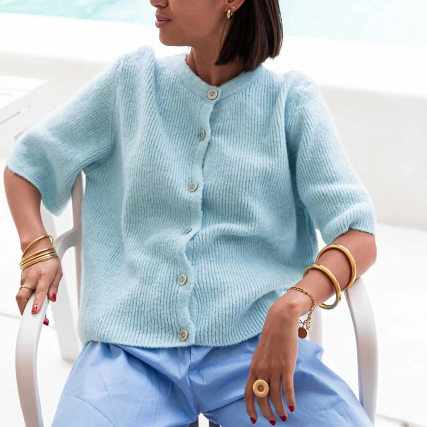 Women Knitted Crop Cardigan Shirt Short Sleeve Button Down Ribbed Knit Crop Top Y2k Girls Outwear Top Tee Shirt