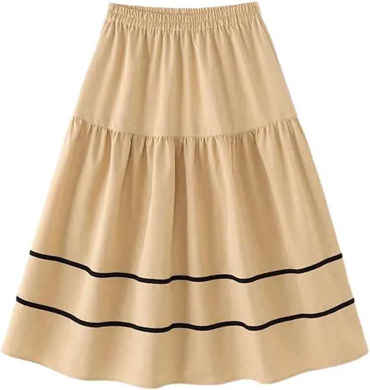 Women Long Skirt Fashion Summer Holiday Multilayer Pleating Korean Casual Elastic Waist Skirts