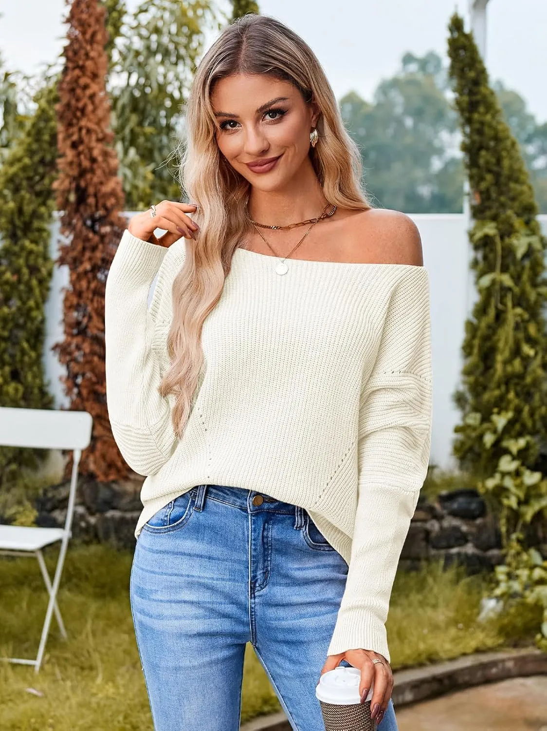 Women Off The Shoulder Sweater Batwing Long Sleeve Loose Fit Knit Pullover Tops Casual Fall Jumper Tops 2024