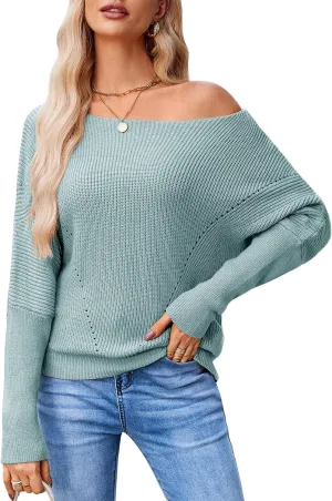 Women Off The Shoulder Sweater Batwing Long Sleeve Loose Fit Knit Pullover Tops Casual Fall Jumper Tops 2024