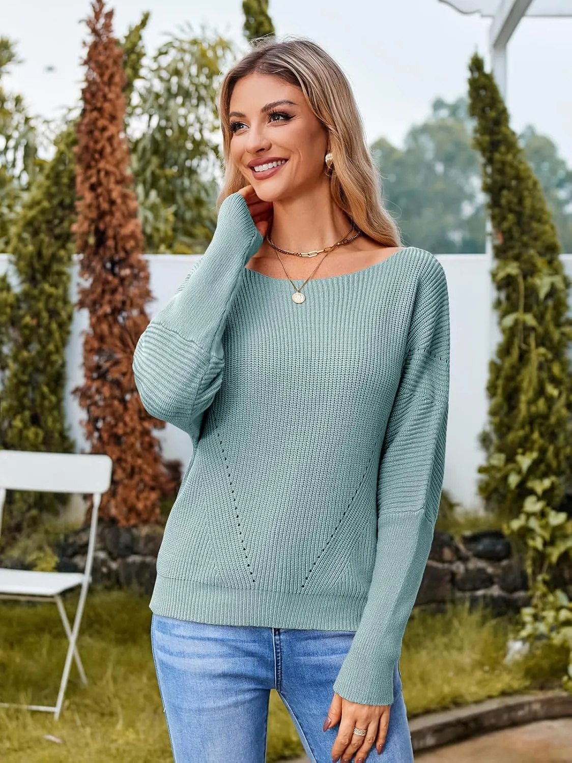 Women Off The Shoulder Sweater Batwing Long Sleeve Loose Fit Knit Pullover Tops Casual Fall Jumper Tops 2024