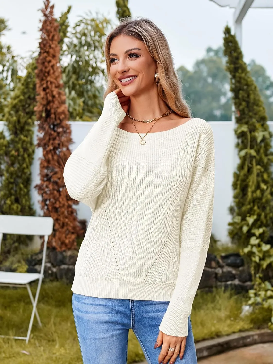 Women Off The Shoulder Sweater Batwing Long Sleeve Loose Fit Knit Pullover Tops Casual Fall Jumper Tops 2024