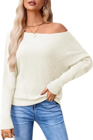 Women Off The Shoulder Sweater Batwing Long Sleeve Loose Fit Knit Pullover Tops Casual Fall Jumper Tops 2024