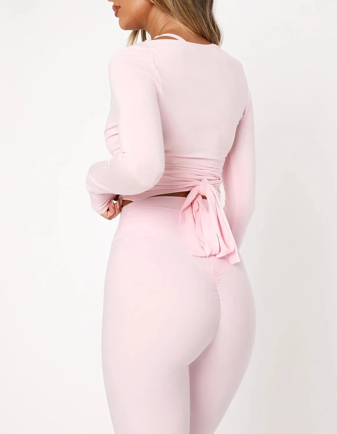 Women Pilates Wrap Workout Top Cross Tie Long Sleeve Crop Tops Ballet Deep V Neck Yoga Shirt Summer