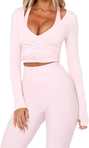Women Pilates Wrap Workout Top Cross Tie Long Sleeve Crop Tops Ballet Deep V Neck Yoga Shirt Summer