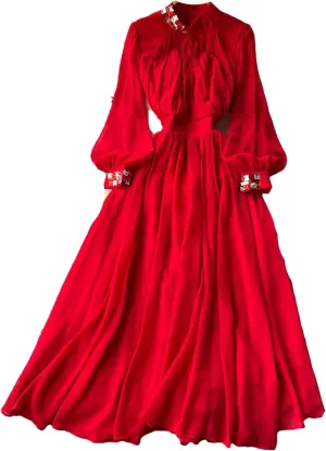 Women Print Elegant Summer Stand-Up Neck Pleated Dress A-Line Lantern Sleeves Vacation Party Chiffon Long Dresses