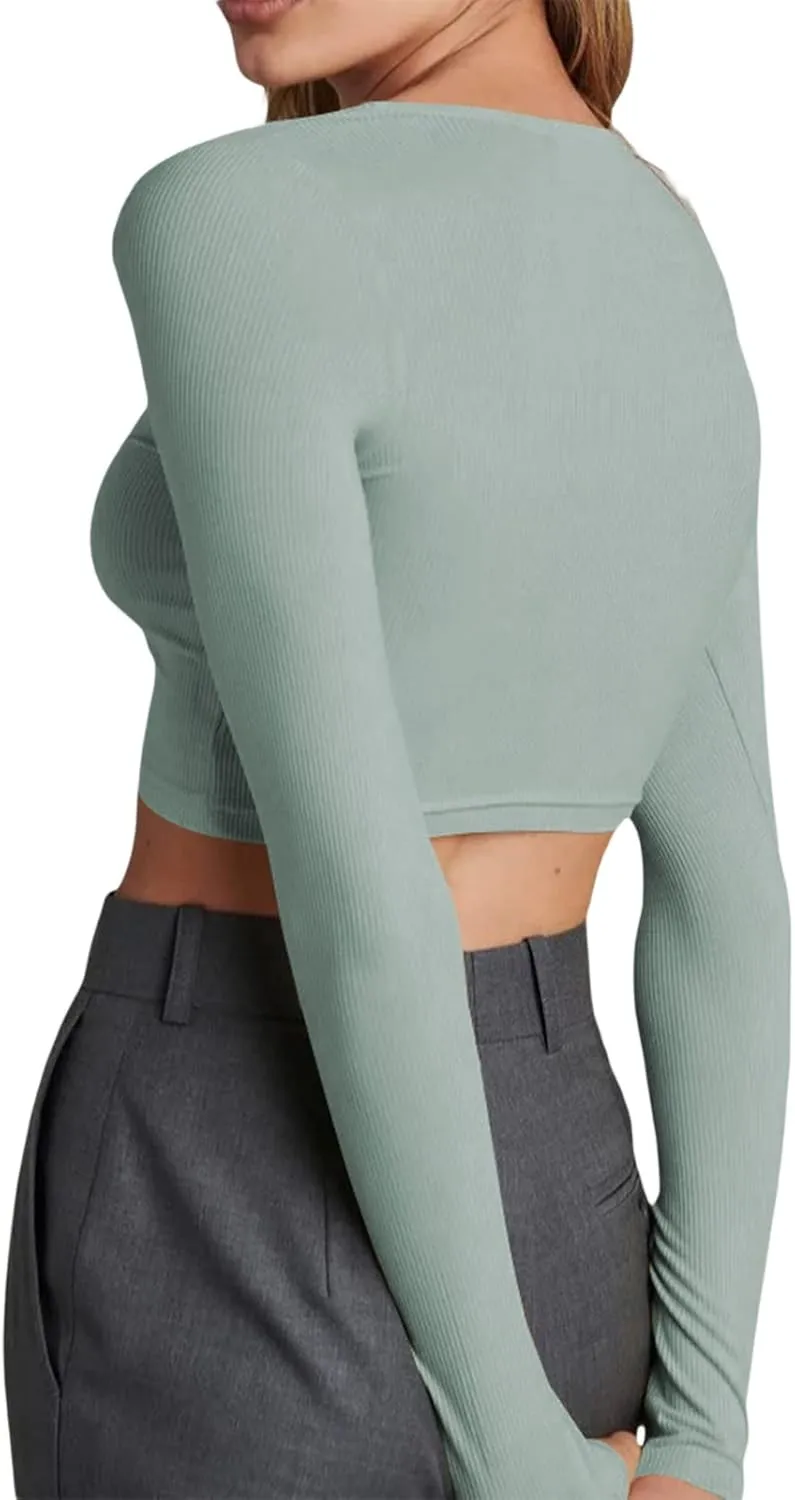 Women Rib Knitted Long Sleeve Shirt Top V Neck Button Front Cropped T-Shirt Slim Fit Going Out Y2k Tee Tops