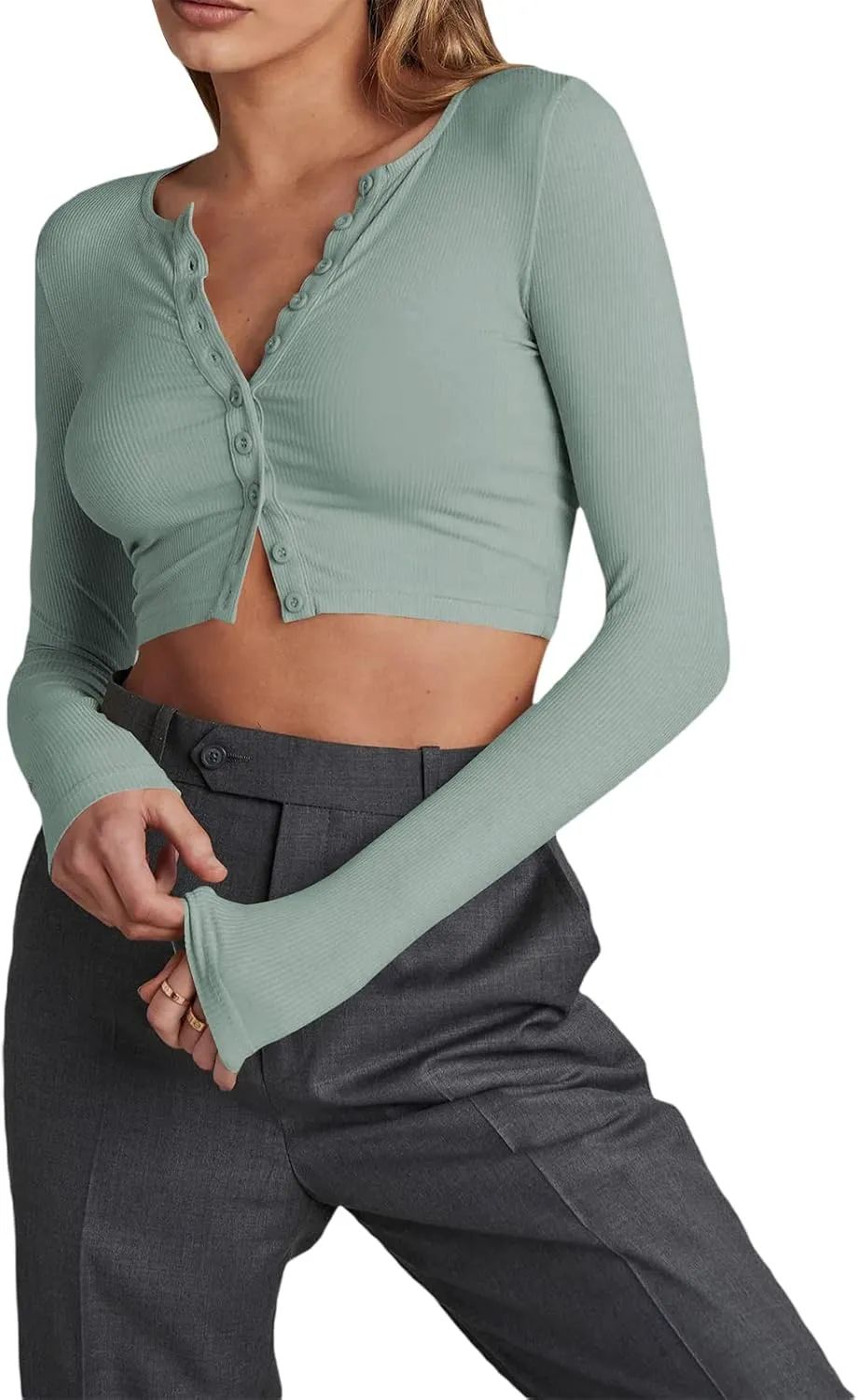 Women Rib Knitted Long Sleeve Shirt Top V Neck Button Front Cropped T-Shirt Slim Fit Going Out Y2k Tee Tops