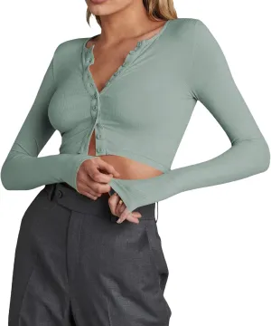 Women Rib Knitted Long Sleeve Shirt Top V Neck Button Front Cropped T-Shirt Slim Fit Going Out Y2k Tee Tops