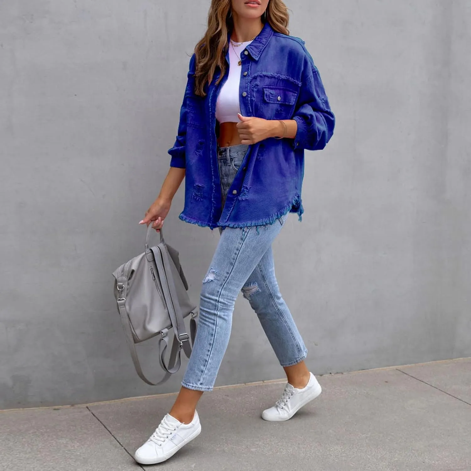 Women Ripped Distressed Denim Jacket Long Sleeve Button Down Casual Boyfriend Jean Coat E Girl Trucker Jackets