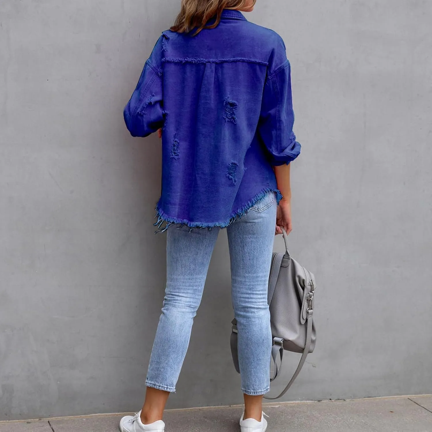 Women Ripped Distressed Denim Jacket Long Sleeve Button Down Casual Boyfriend Jean Coat E Girl Trucker Jackets