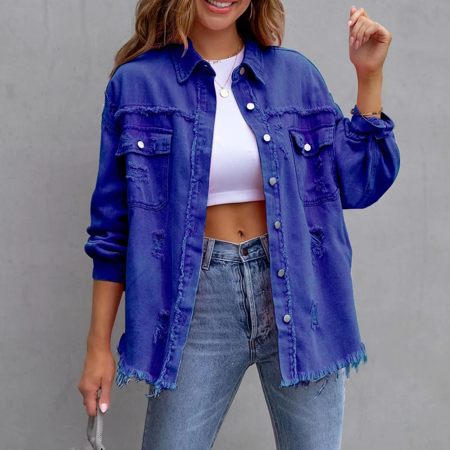 Women Ripped Distressed Denim Jacket Long Sleeve Button Down Casual Boyfriend Jean Coat E Girl Trucker Jackets