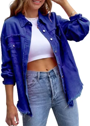 Women Ripped Distressed Denim Jacket Long Sleeve Button Down Casual Boyfriend Jean Coat E Girl Trucker Jackets