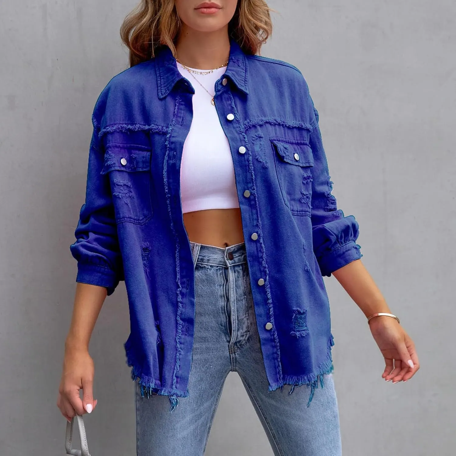 Women Ripped Distressed Denim Jacket Long Sleeve Button Down Casual Boyfriend Jean Coat E Girl Trucker Jackets