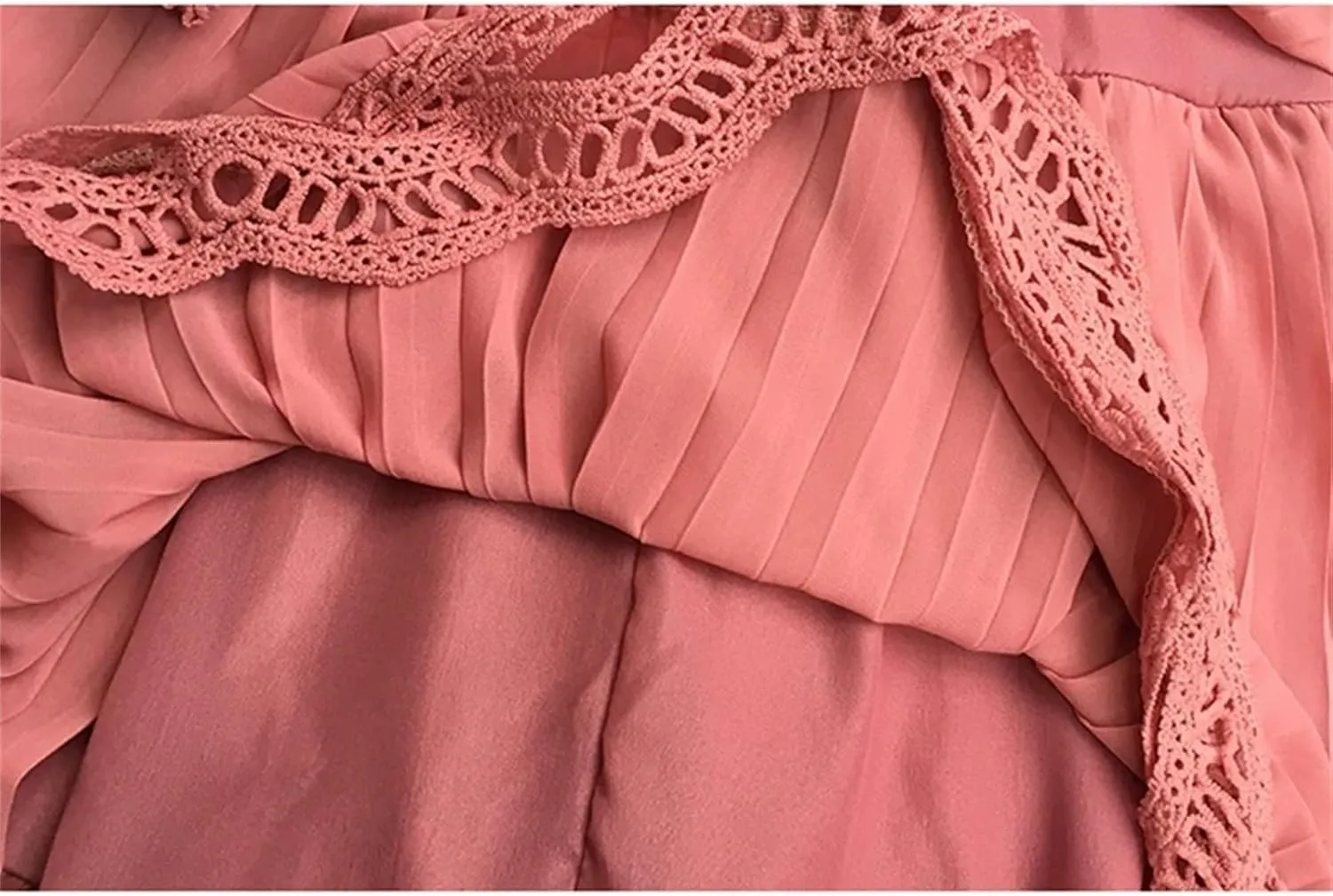 Women Solid Chiffon Dress Multi Ruffles Lace Hook Flower Patchwork Pleated Evening Dresses