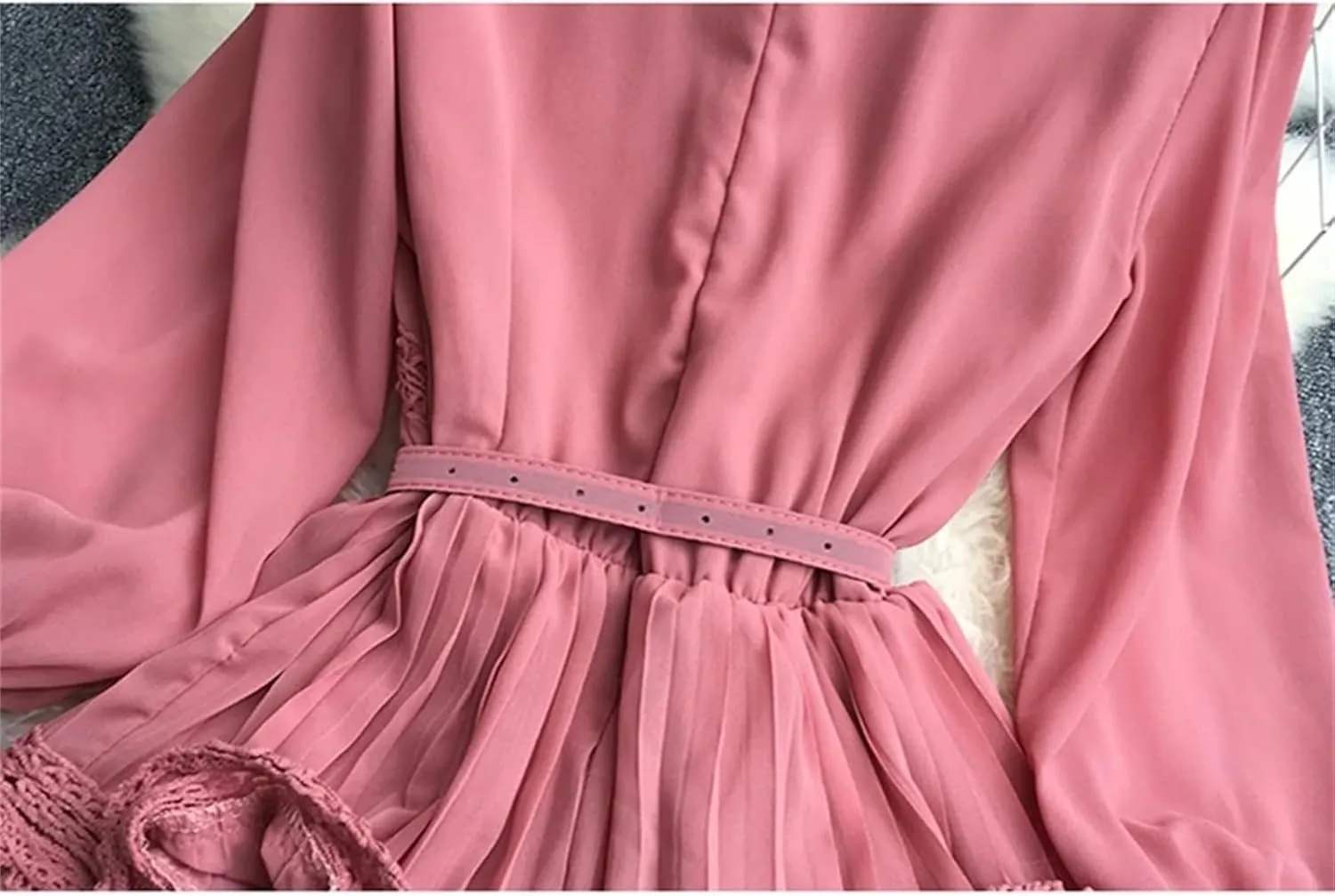 Women Solid Chiffon Dress Multi Ruffles Lace Hook Flower Patchwork Pleated Evening Dresses