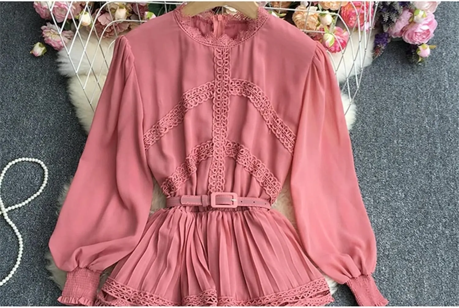 Women Solid Chiffon Dress Multi Ruffles Lace Hook Flower Patchwork Pleated Evening Dresses