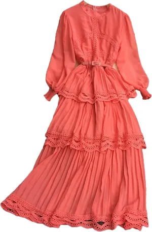 Women Solid Chiffon Dress Multi Ruffles Lace Hook Flower Patchwork Pleated Evening Dresses