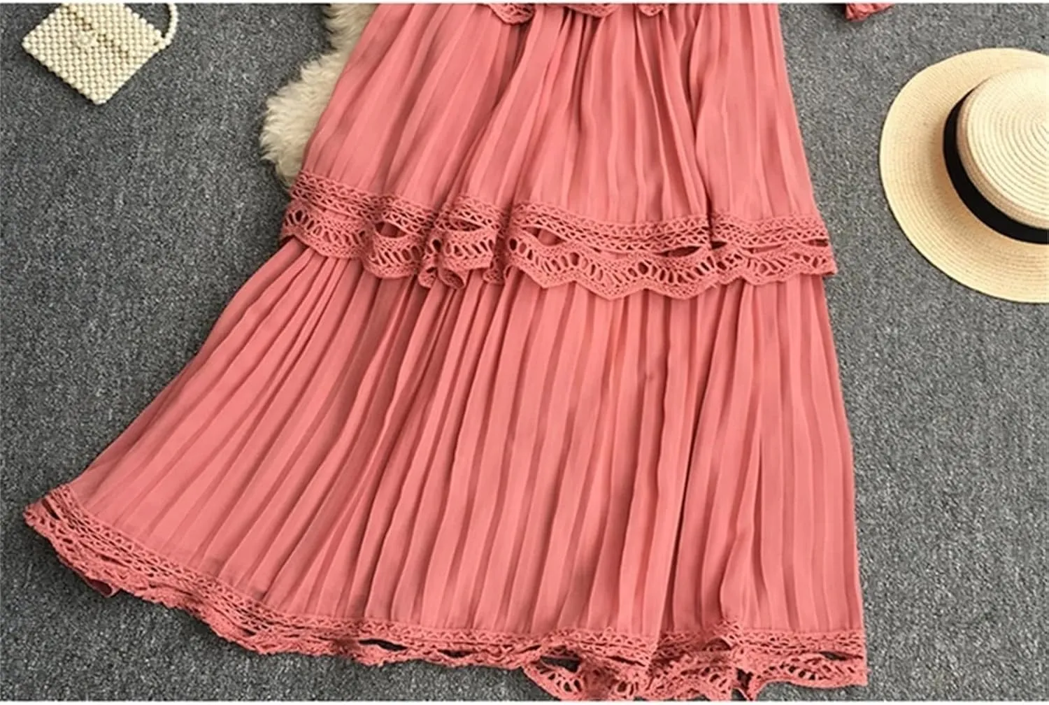 Women Solid Chiffon Dress Multi Ruffles Lace Hook Flower Patchwork Pleated Evening Dresses