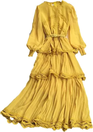 Women Solid Chiffon Dress Multi Ruffles Lace Hook Flower Patchwork Pleated Evening Dresses