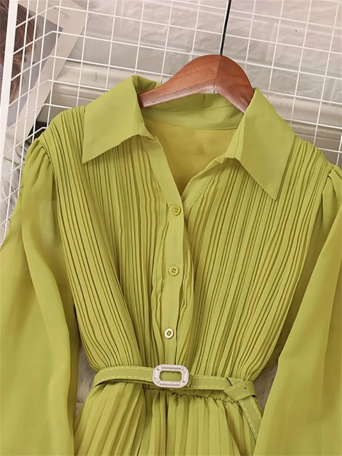 Women Spring Pleated Long Dress Vintage Turn-Down Collar Single Breasted Puff Sleeve High Waist Draped Maxi Dress
