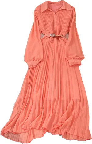 Women Spring Pleated Long Dress Vintage Turn-Down Collar Single Breasted Puff Sleeve High Waist Draped Maxi Dress