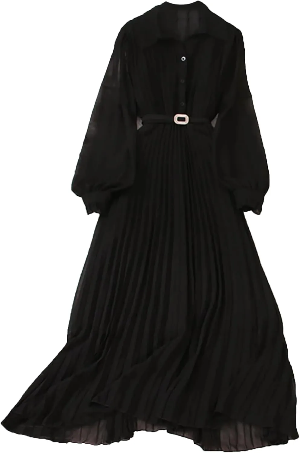 Women Spring Pleated Long Dress Vintage Turn-Down Collar Single Breasted Puff Sleeve High Waist Draped Maxi Dress