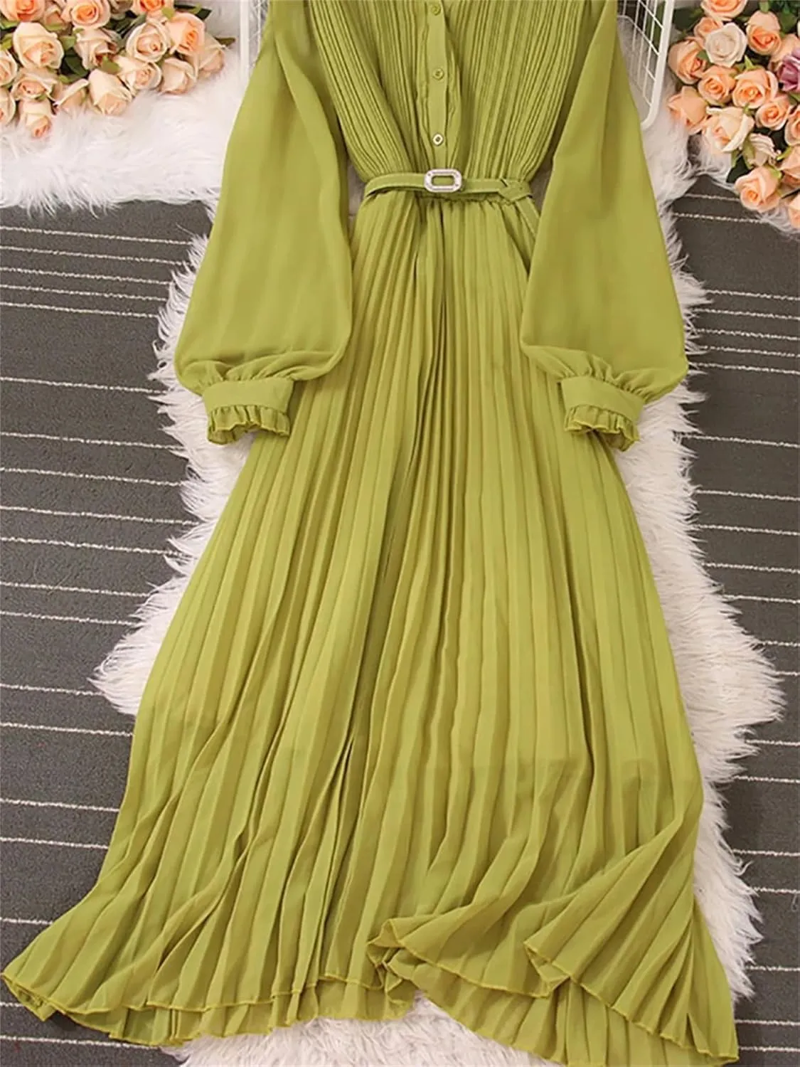 Women Spring Pleated Long Dress Vintage Turn-Down Collar Single Breasted Puff Sleeve High Waist Draped Maxi Dress