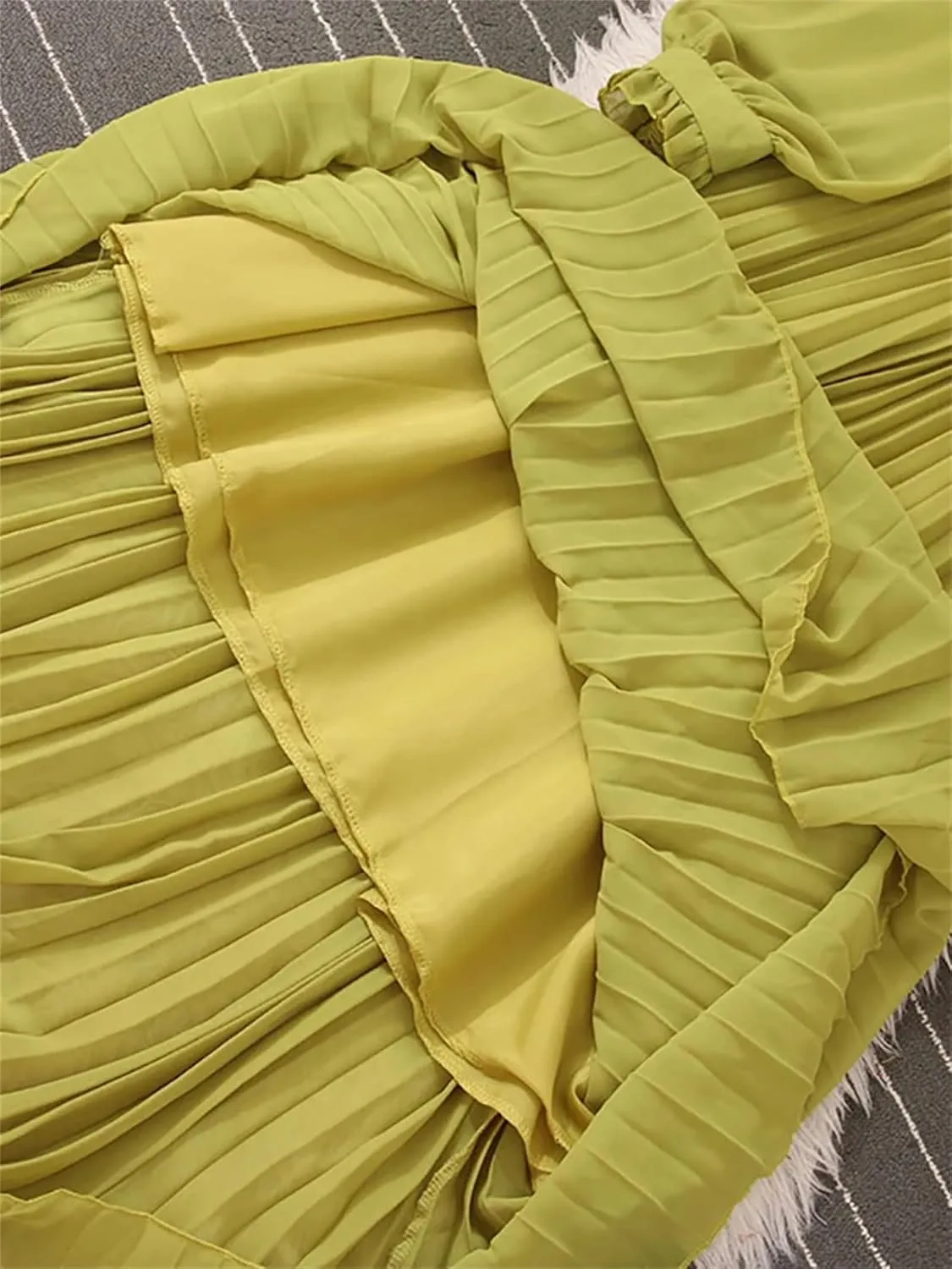 Women Spring Pleated Long Dress Vintage Turn-Down Collar Single Breasted Puff Sleeve High Waist Draped Maxi Dress