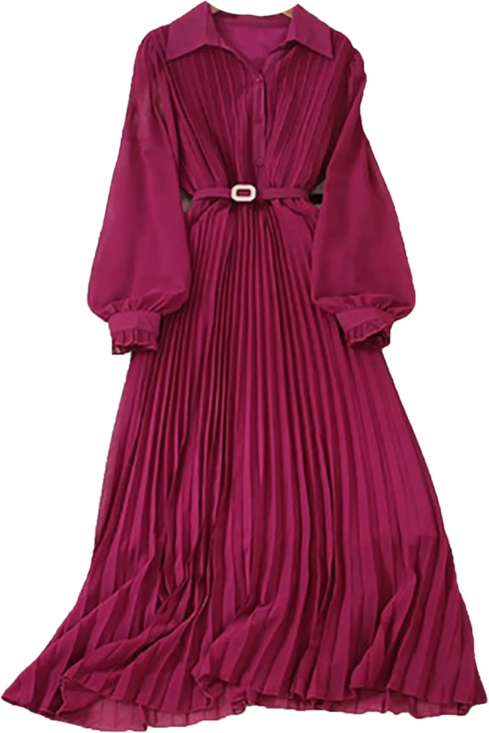 Women Spring Pleated Long Dress Vintage Turn-Down Collar Single Breasted Puff Sleeve High Waist Draped Maxi Dress