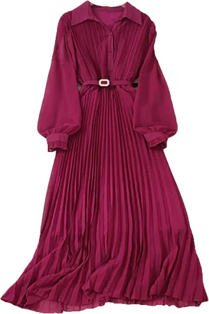 Women Spring Pleated Long Dress Vintage Turn-Down Collar Single Breasted Puff Sleeve High Waist Draped Maxi Dress