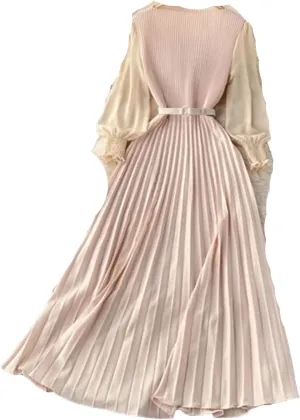 Women Spring Summer Pleated Elegant Puff Sleeve Dress A-Line Chiffon High Waist Belt Beach Vacation Party Dress
