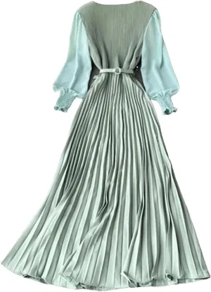 Women Spring Summer Pleated Elegant Puff Sleeve Dress A-Line Chiffon High Waist Belt Beach Vacation Party Dress