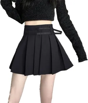 Women Spring Summer Pleated Sexy Mini Skirts High Waist Casual Golf Skirts with Double Belt