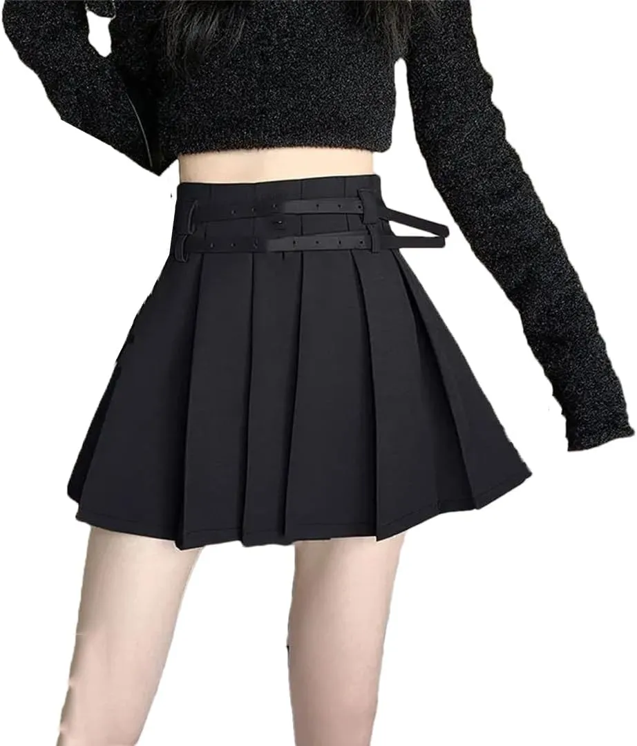 Women Spring Summer Pleated Sexy Mini Skirts High Waist Casual Golf Skirts with Double Belt
