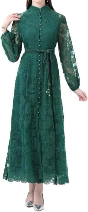 Women Spring Summer Stand Up Collar Single Breasted Lace Dress Elegant Embroidery Large Swing Long Dress