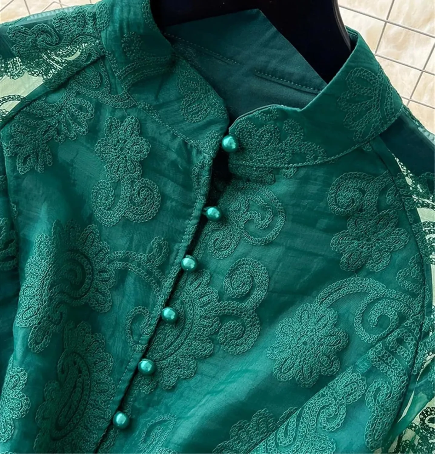 Women Spring Summer Stand Up Collar Single Breasted Lace Dress Elegant Embroidery Large Swing Long Dress