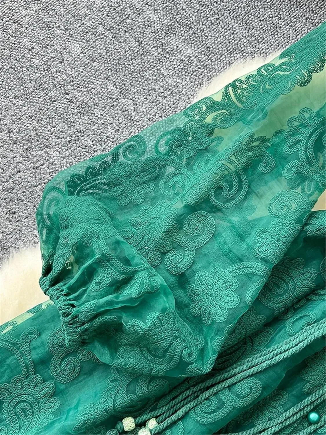 Women Spring Summer Stand Up Collar Single Breasted Lace Dress Elegant Embroidery Large Swing Long Dress