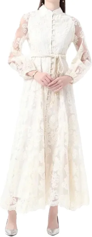 Women Spring Summer Stand Up Collar Single Breasted Lace Dress Elegant Embroidery Large Swing Long Dress